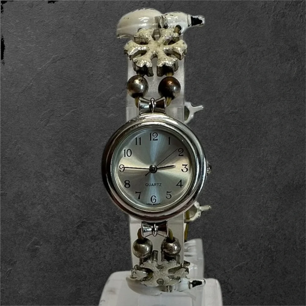 Quartz Snowman Snowflake Stretch Watch Womens OS Silver Winter 10269-05